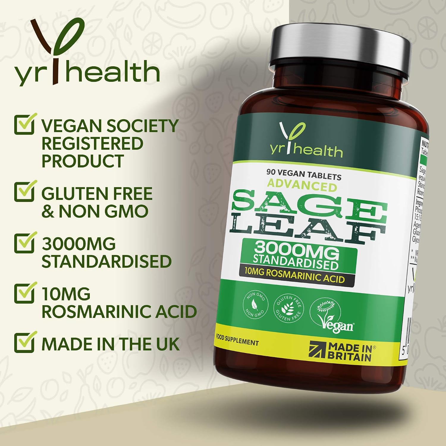 Sage Tablets 3000mg High Strength - 90 Vegan Tablets not Capsules - Standardised 10mg Rosmarinic Acid - Made in The UK by YrHealth - Image 3