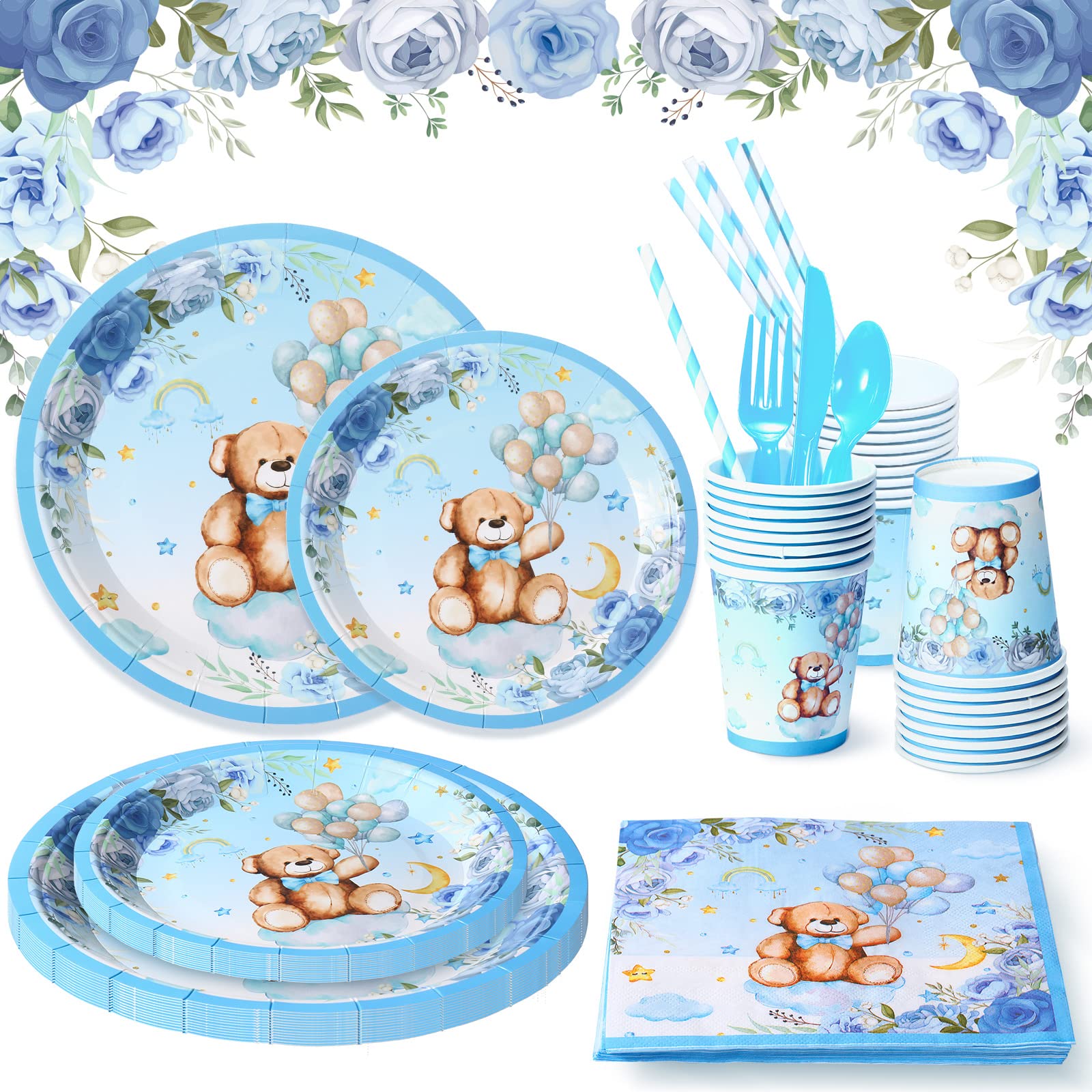 Photo 1 of 200 Pcs Bear Baby Shower Decorations for 25 Guests Baby Shower Paper Plates Napkins Boy Sets Blue Bear Baby Shower Theme Party Supplies Plate Cups Spoons Napkins Knife Straws for Baby Shower Boy Girl