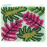 TWINE AND LOVE Palm Leaves Beaded Coin Purse, Tropical Beaded Pouch, Small Wallets for Her, Birthday Gifts, Cute Pouch Purse, Beaded Purse, Gift Card Bag, Green, CP0494