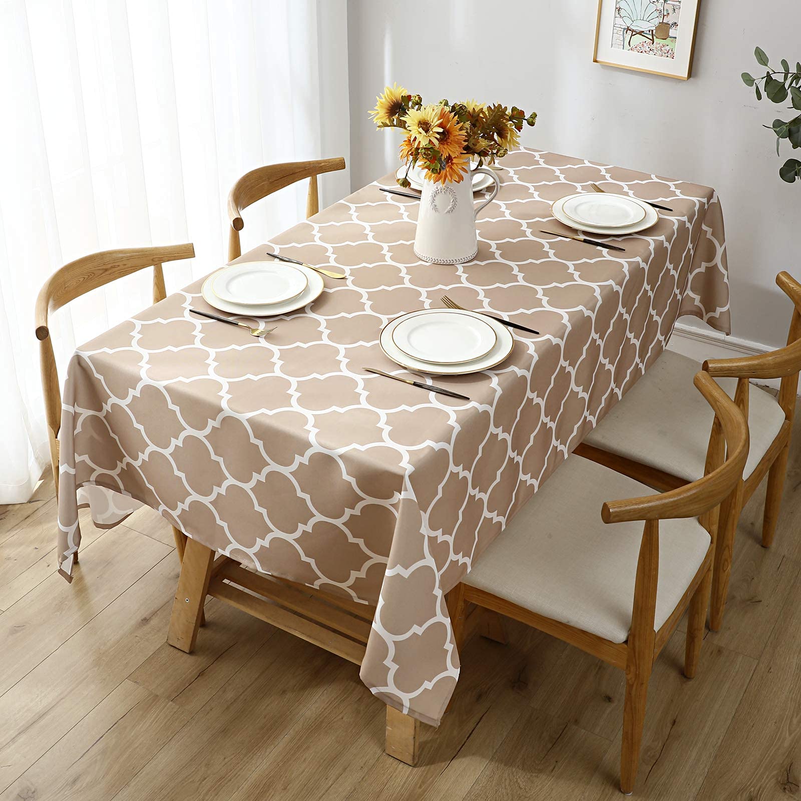 homingRectangle Table Cloth, Waterproof Stain Resistant Washable Tablecloth, Moroccan Polyester Table Cover for Dining, Indoor and Outdoor (Khaki and White, 60" x 84")