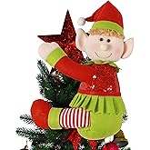 Elf Tree Topper Christmas Decorations,Unique Funny Xmas Plush Stuffed Elf Hugger Decor for Christmas Tree Wine Bottle Curtain Ornaments,Red Green