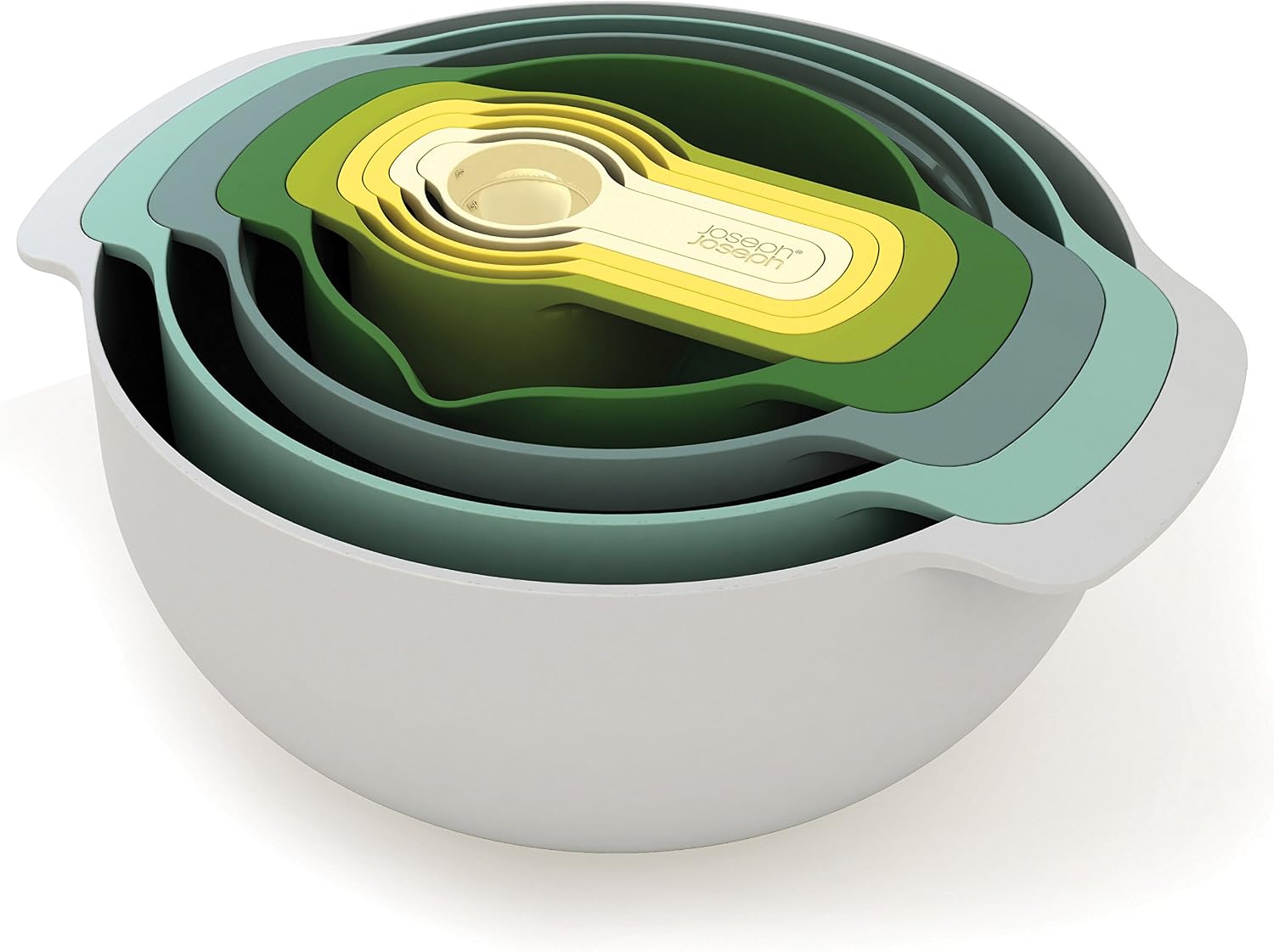 Joseph Joseph Nest 9 Plus, 9 Piece Compact Food Preparation Set including Mixing Bowls, Measuring Cups, Sieve and Colander, Opal - Image 5