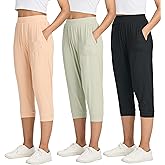 Real Essentials 3 Pack: Women's Ribbed Capri Jogger Lounge Sweatpants with Pockets Yoga Workout (Available in Plus Size)