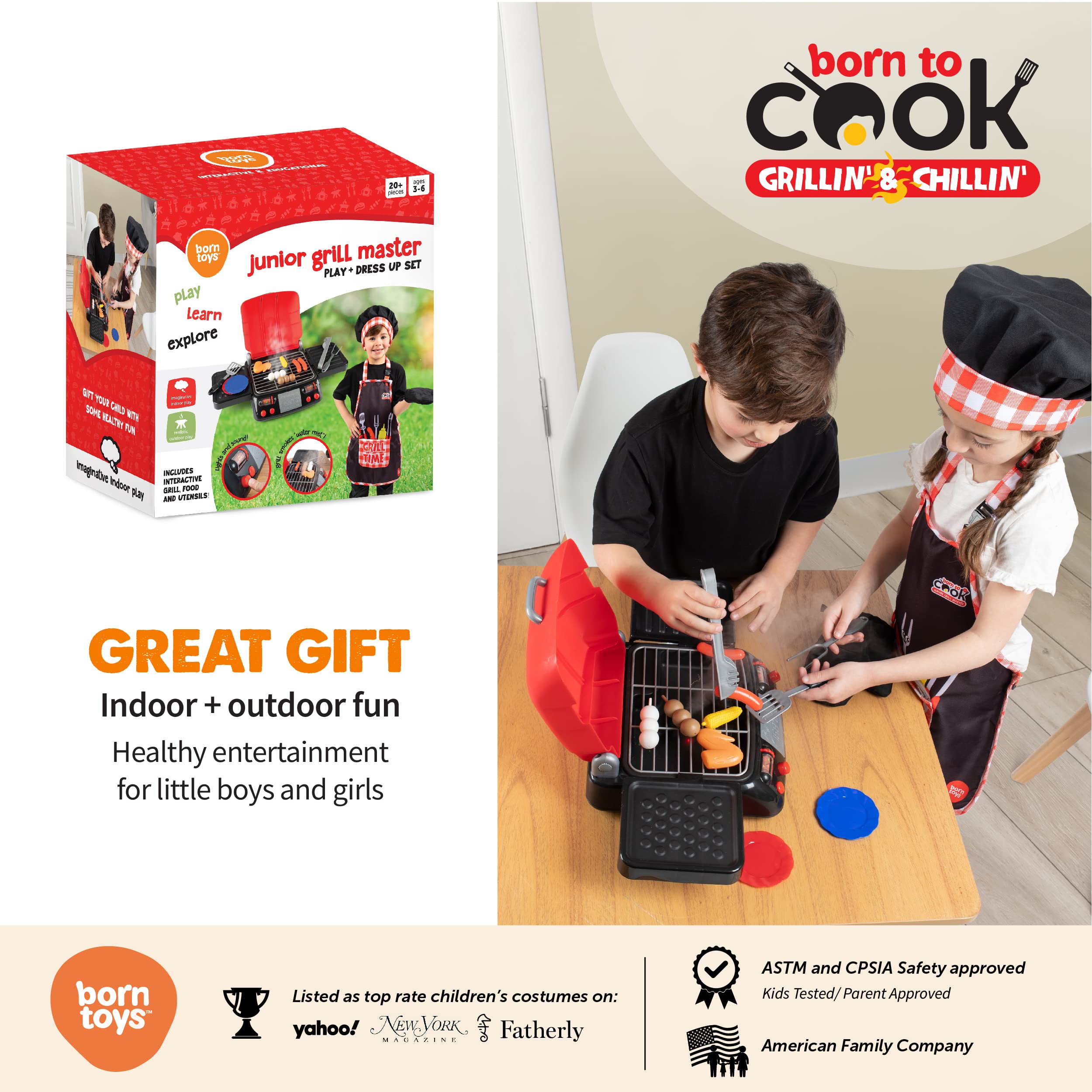 Born Toys Kids Grill Playset, Pretend Play BBQ Toys Kitchen and Baking Set, Interactive Chef Dress Up