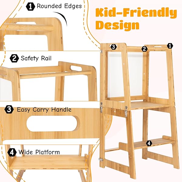 TODDLER TOWER – TODDLER STOOL FOR KITCHEN – 3-IN-1 TODDLER KITCHEN STEP STOOL – FOLDABLE TODDLER TOWER FEATURES: TABLETOP, STEP STOOL LADDER, AND WHITEBOARD WITH INCLUDED MARKERS AND DRY ERASER