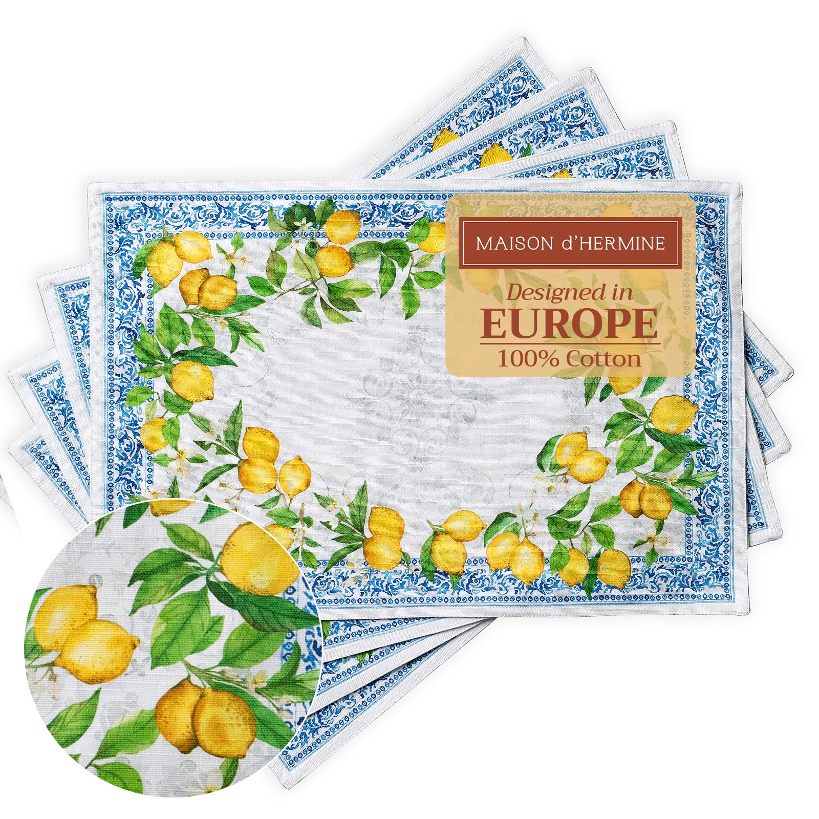 Maison d' Hermine Placemats Set of 4 100% Cotton Washable Cloth Place Mats, Reusable Table Mats for Kitchen Dining Decoration, Party, Wedding, Restaurant Spring/Summer (Cedrat, 13" x 19") Image