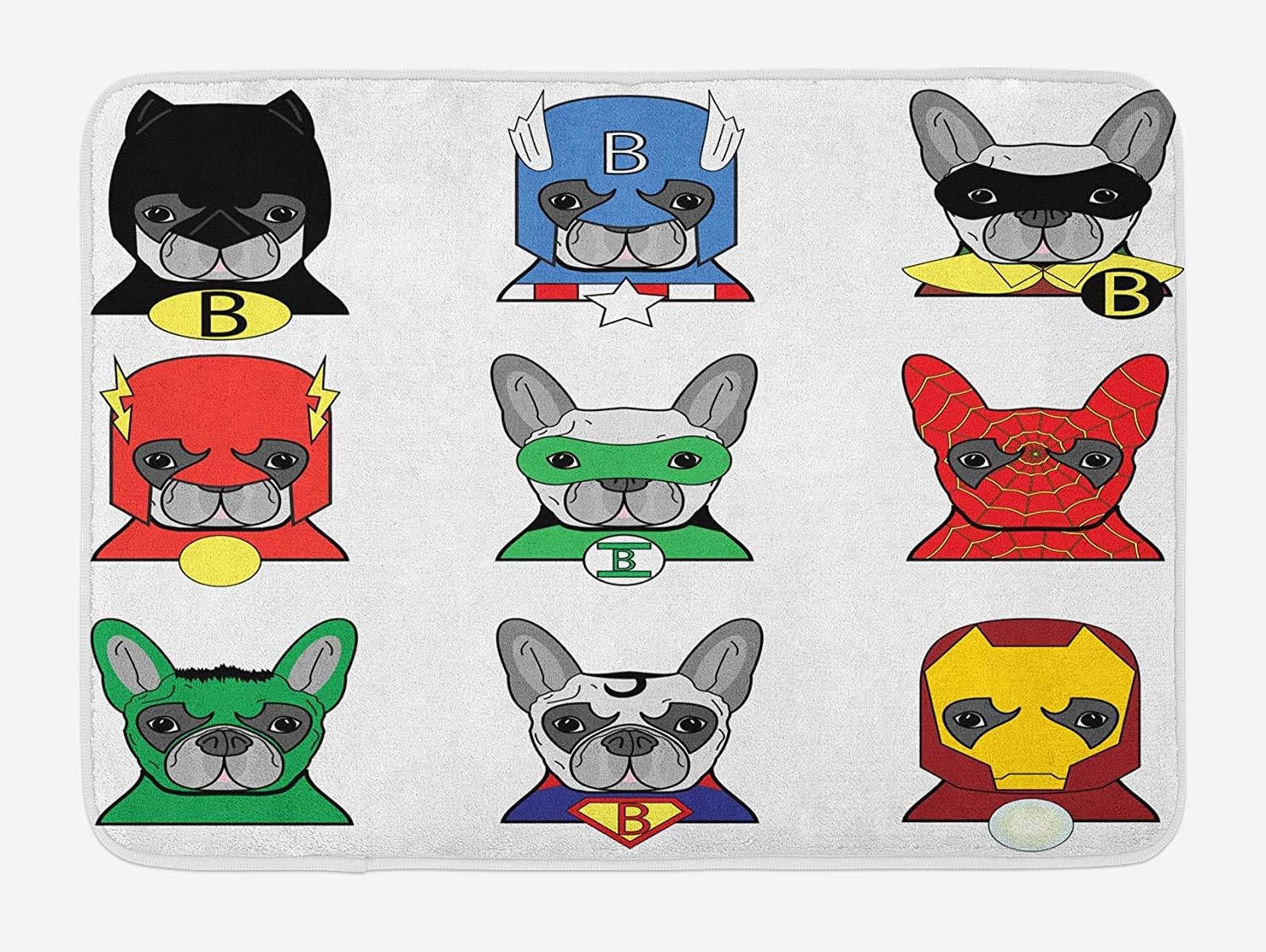 CdHBH Superhero Bath Mat, Bulldog Superheroes Fun Cartoon Puppies in Disguise Costume Dogs with Masks Print, Plush Bathroom Decor Mat with Non Slip Backing, 15.7" X 23.6", White Green