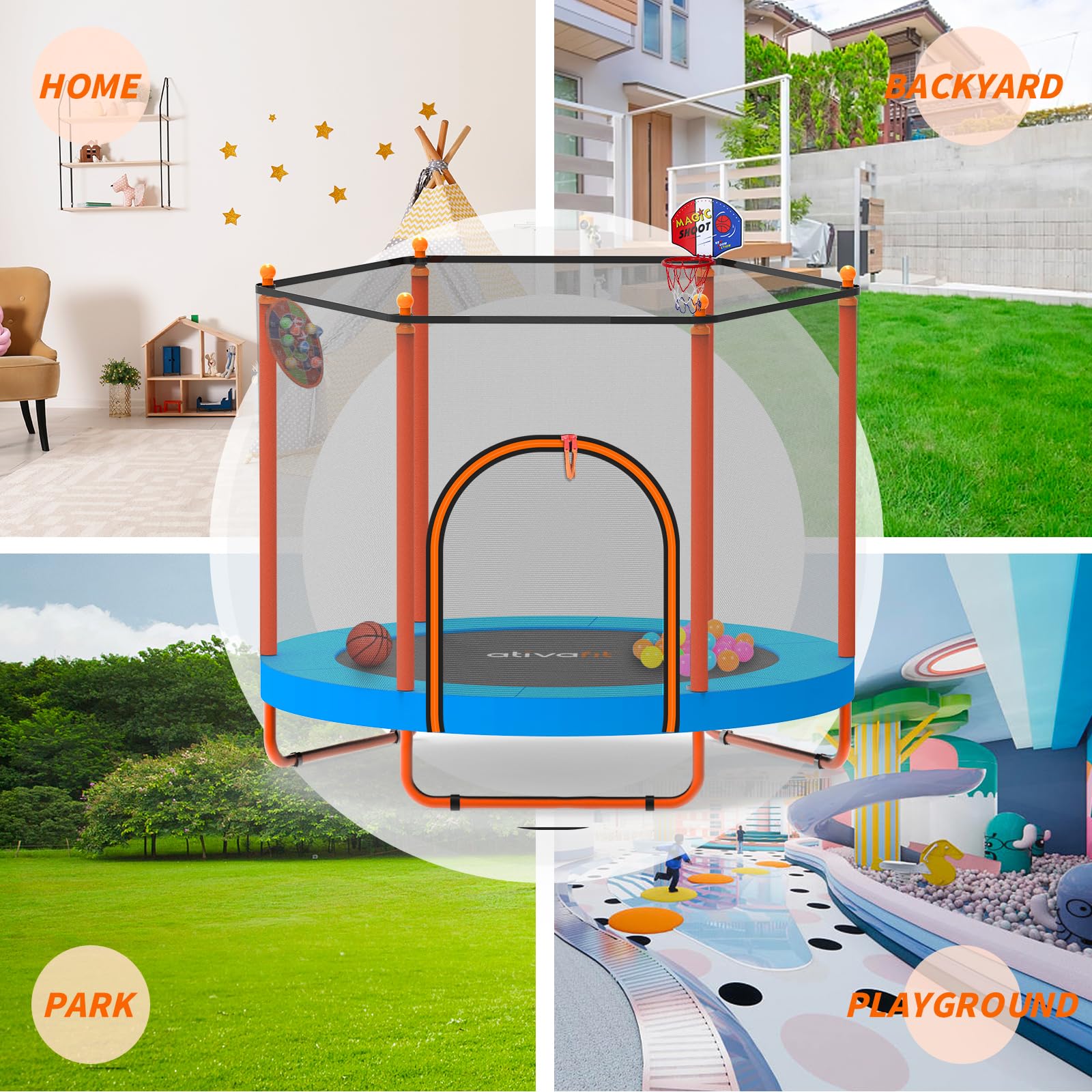 Ativafit 60'' Rebounder Trampoline Indoor Outdoor for Kids Ages 1-8, 5 FT Recreational Toddler Trampoline with Safety Enclosure Net Gifts with Basketball Hoop Dartboard Ocean Bal