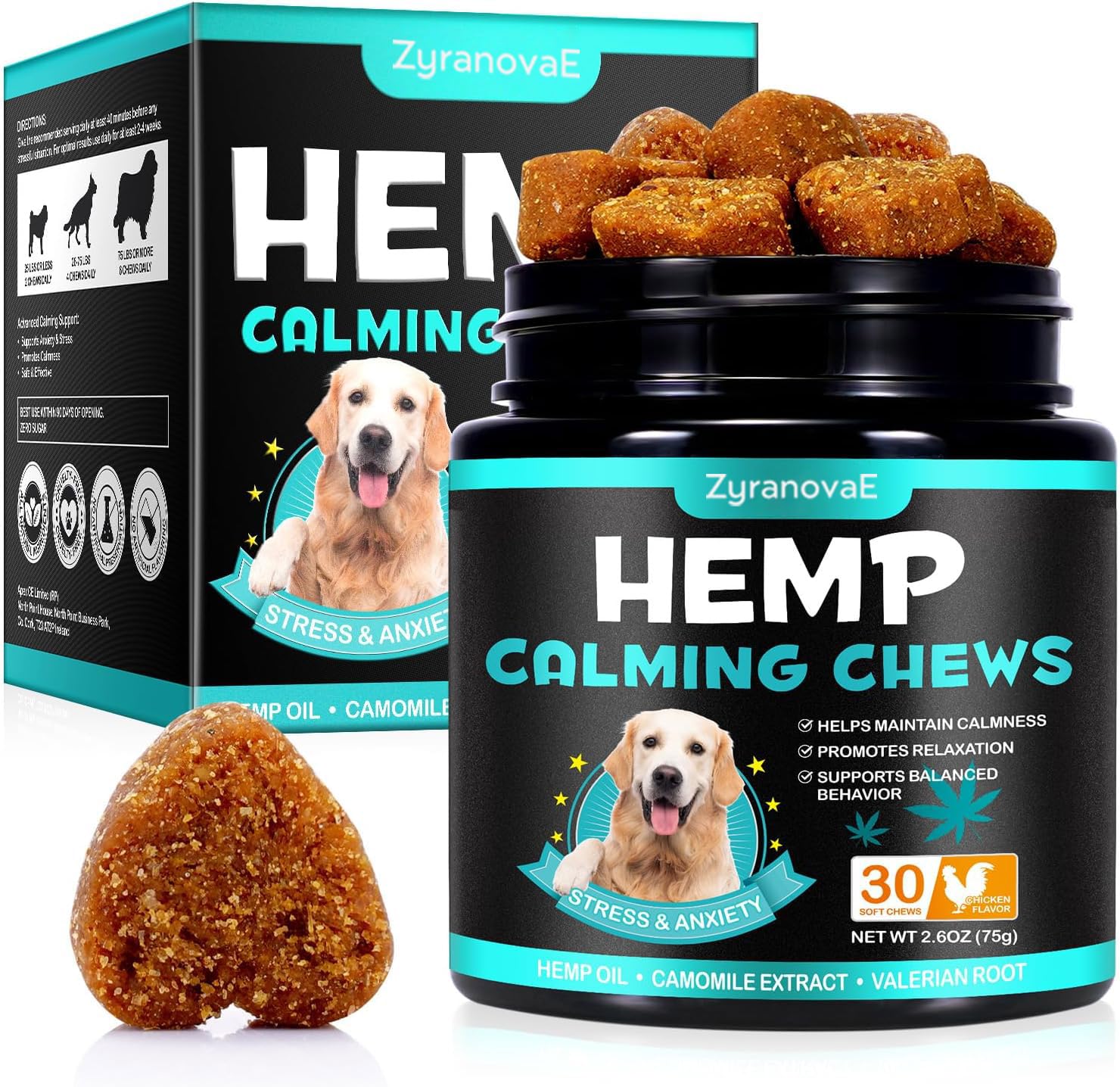ZyranovaE Calming Chews for Dog(Chicken 30PCS),100% Natural Ingredients Dogs Calming Treats,Helps Dog Anxiety & Stress Relief, Separation and Barking,for All Breeds & Sizes 2.6oz(75g)