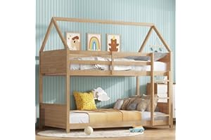 Ball & Cast Twin Over Twin House Bunk Bed for Kids,Rubber Wood Bunk Bed with Headboards, Footboards and Guardrails, Ladder,Twin Size House Shaped Bunk-Bed, No Box Spring Needed,White Oak