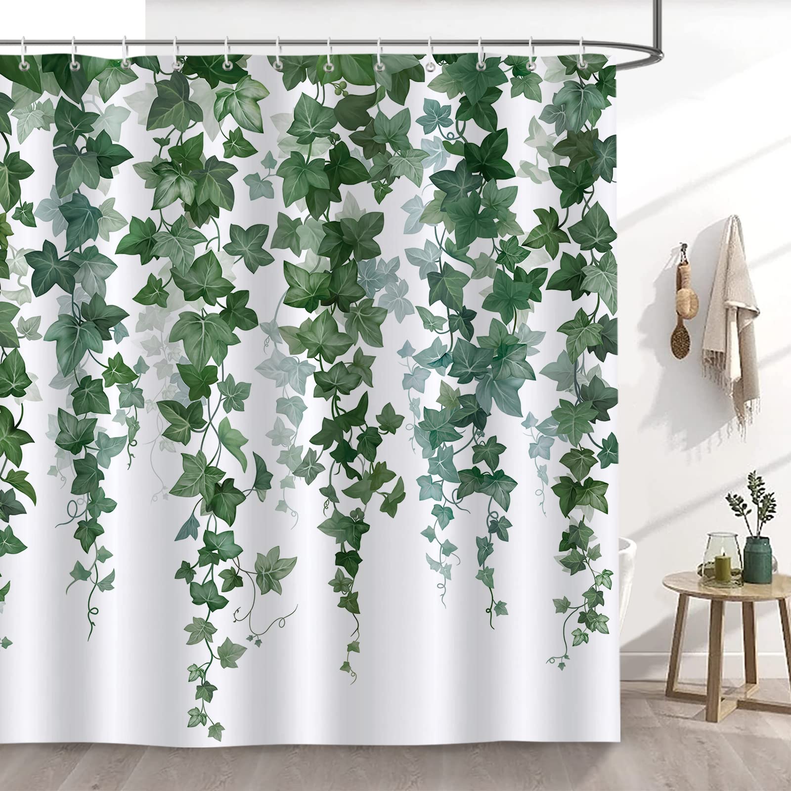 Bonhause Ivy Leaves Shower Curtain 180 x 180 cm Green Hanging Vine Plants Bathroom Curtain Waterproof Mildew & Mould Resistant Polyester Fabric Bath Curtain with 12 Hooks — image 1