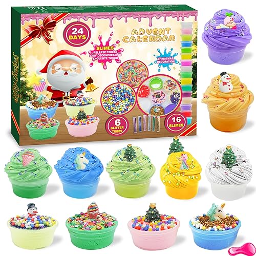 Slime Advent Calendar 2025 kids, 24 Days DIY Christmas Advant Calendar Include 16 Slime and 8 pack Cool Accessories, Exciting Gift Set for Boys Girls