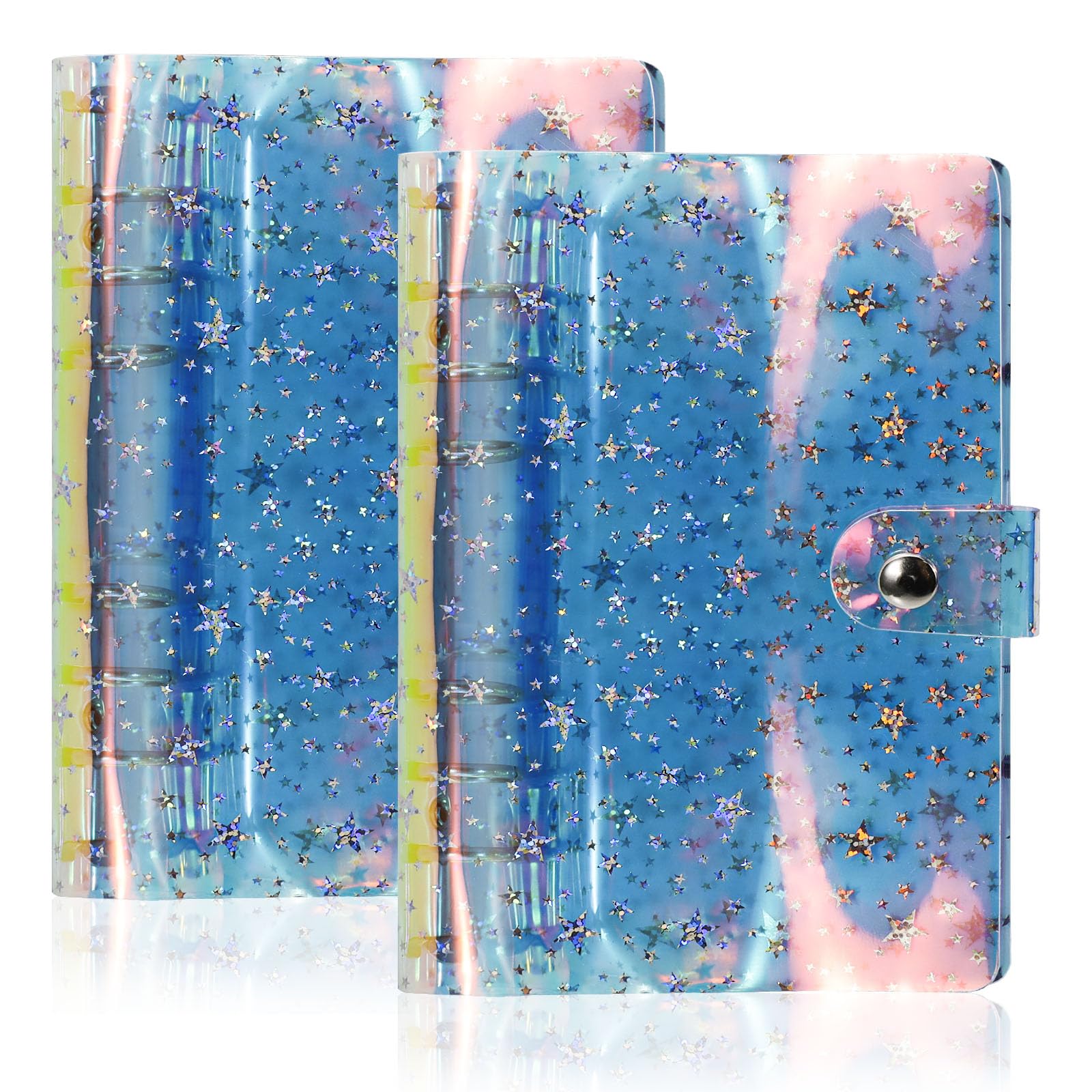 2pcs 6 Ring Plastic Binder, 6 Hole Soft Binder with Plastic Sleeves, Notebook School Meeting Travel Office Supplies(Blue + Pink Full of Star)