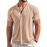 COOFANDY Men's Short Sleeve Knit Shirt Casual Button Down Shirt Vintage Striped Knitted Golf Beach Tops