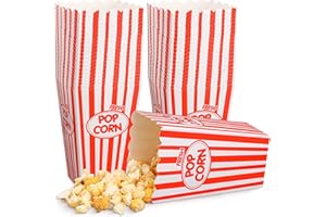 Xinnun 100 Pack Popcorn Box Bulk Red White Stripe Paper Popcorn Buckets Container Bag Disposable Oil Proof Classic Vintage Retro Open Top Holders for Carnival Party Movie Night Theater Halloween Snack