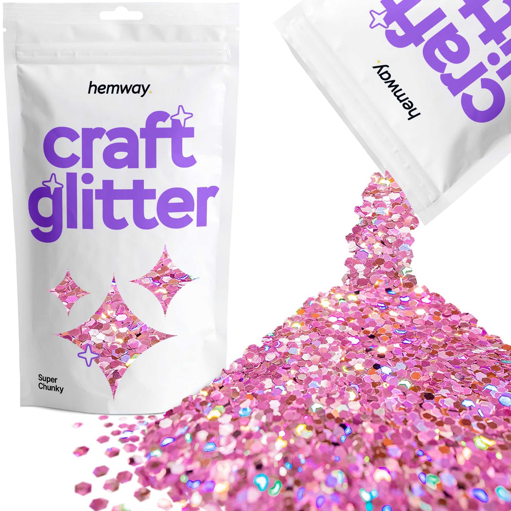 Hemway Craft Glitter Pink Holographic 100g Super Chunky Glitter for Crafts, Resin, Cosmetic, Nail, Face, Body, Festival, Tumblers, Art, Candle, Crafting