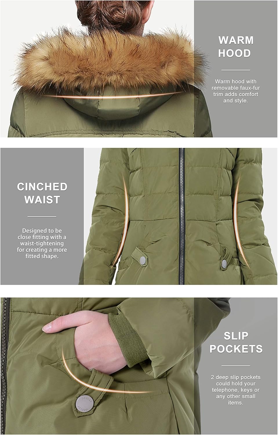 Orolay Women's Down Jacket with Faux Fur Trim Hood: Clothing