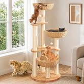 SHODMI 54" Modern Cat Tree Tower for Indoor Cats, Large &amp; Multi-Cat Homes | Wood Cat Tree, 3 Handwoven Basket Beds, Stable Wide Round Wood Base, 8 cm Thick Sisal Scratching Posts, Plush &amp; Cool Mats