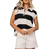 Bell Princess Women's Striped Sweatshirts Sleeveless Knit Polo Shirt Button Front Vest Lapel Pullover Tops