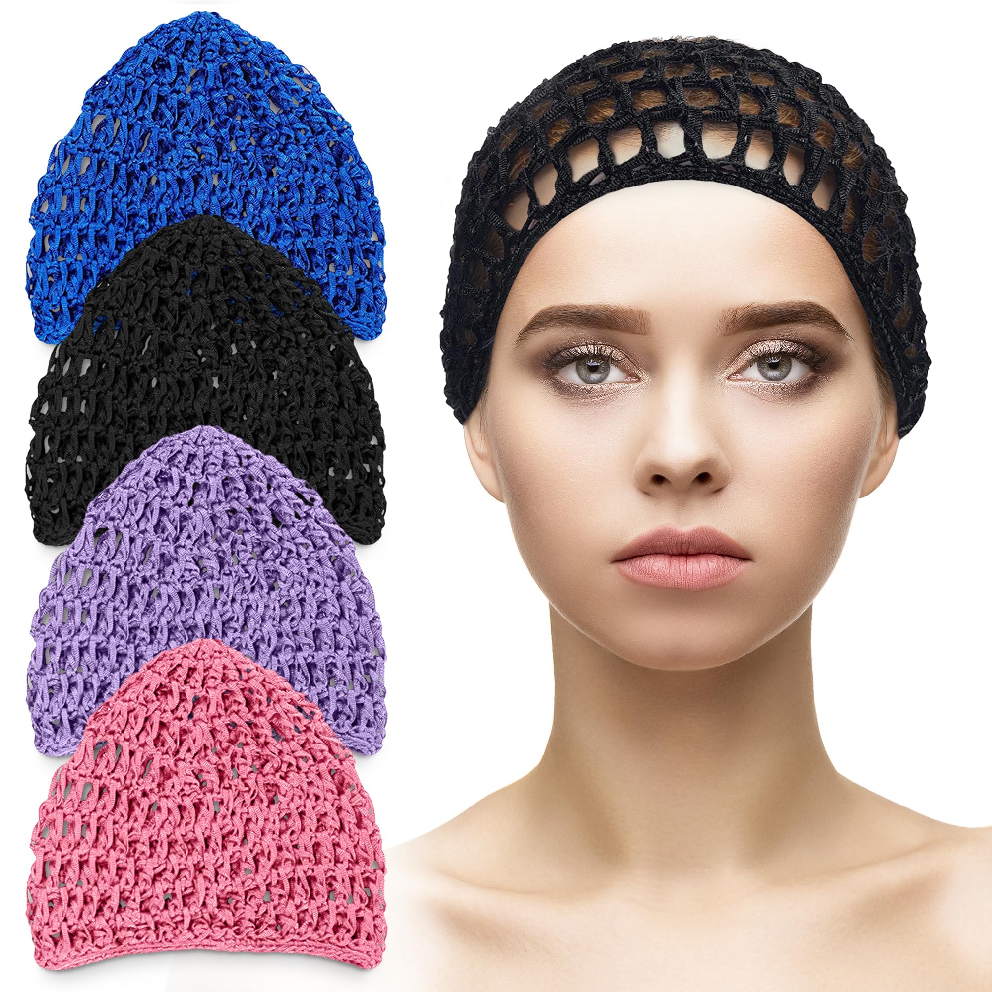 Photo 1 of 4 Pcs Hair Nets for Sleeping – 5.5 x 7 Lightweight, Breathable Viscose Mesh Crochet Hair Net Cap – Smooth, Soft, Comfortable for Long-Term Wear, Handcrafted, Sizes May Vary by 0.5-1", 4 Colors