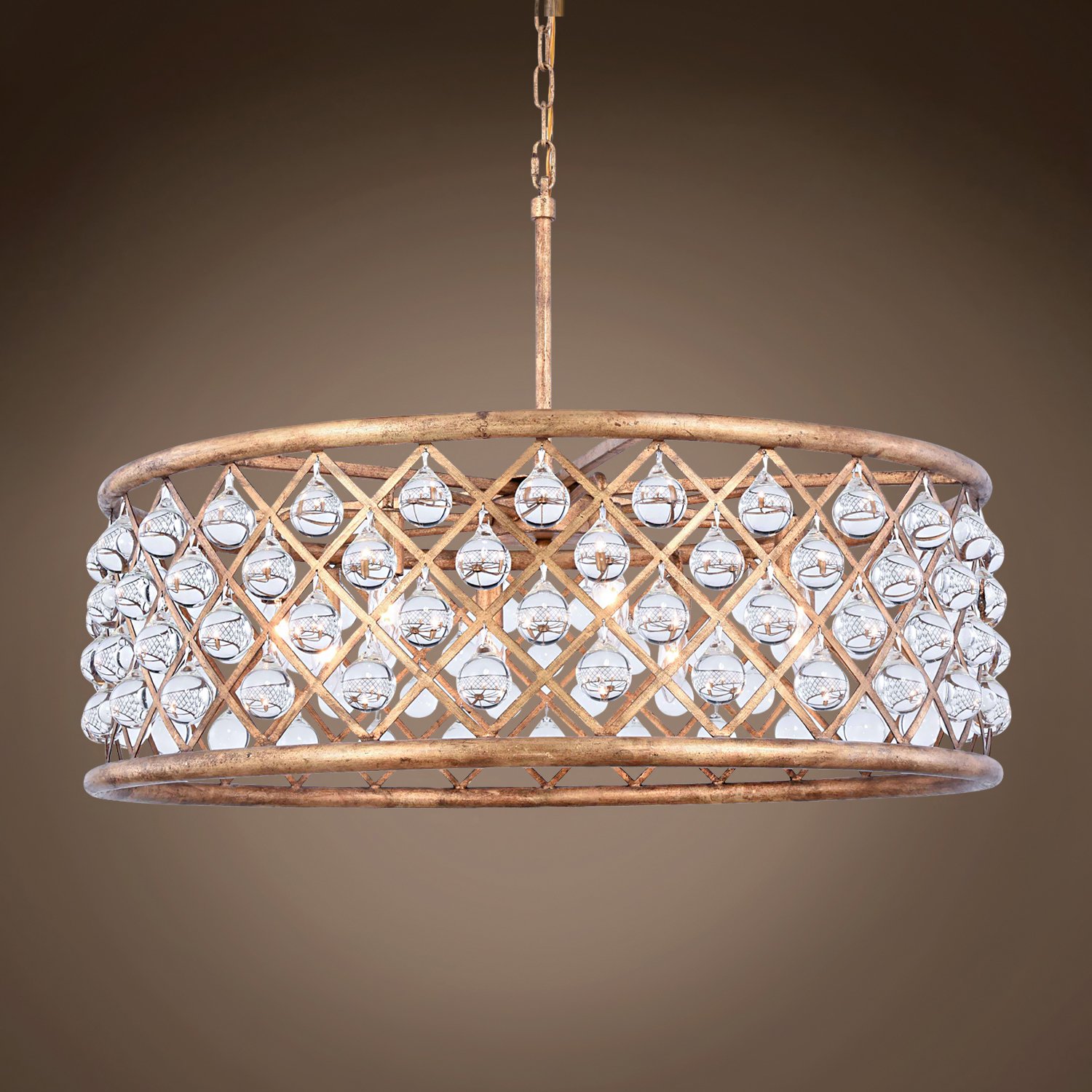 Crystal Grid Hoop 8 Light 32 Antique Gold Clear Glass Chandelier