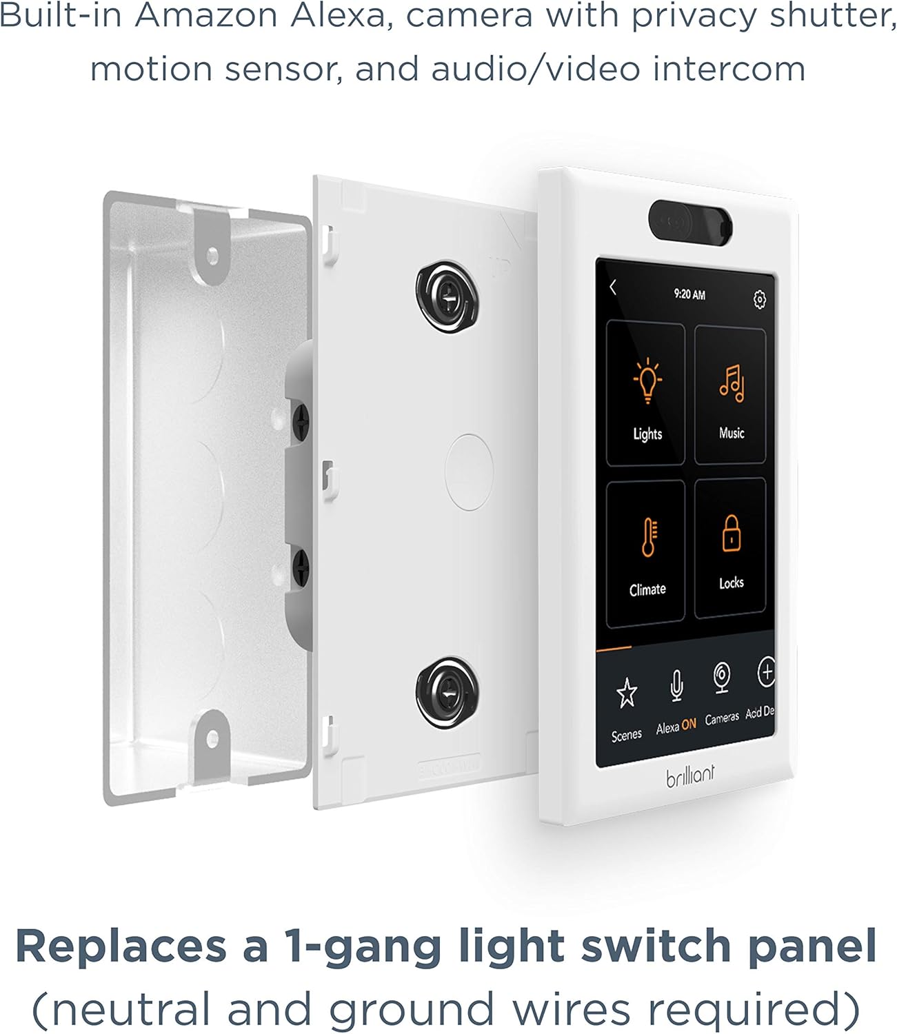 Brilliant Smart Home Control (1-Switch Panel) — Alexa Built-In & Compatible with Ring, Sonos, Hue, Kasa/TP-Link, Wemo, SmartThings, Apple HomeKit — In-Wall Touchscreen Control for Lights, Music & More: Industrial & Scientific