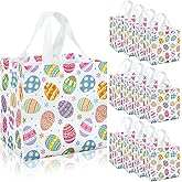 12Pcs Easter Gift Bags with Handles 7.47"×7.47"×5.9" Easter Egg Non-Woven Tote Treat Bag for Kids Reusable Colorful Eggs Candy Goodie Bags for Gift Wrapping Basket Container Egg Hunt Game Party Supply