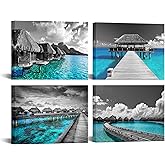 Nachic Wall Turquoise Bathroom Wall Art Decor Grey and Teal Ocean Maldives Picture Prints Modern Seascape Artwork Framed for Bedroom 12x16inchx4pcs