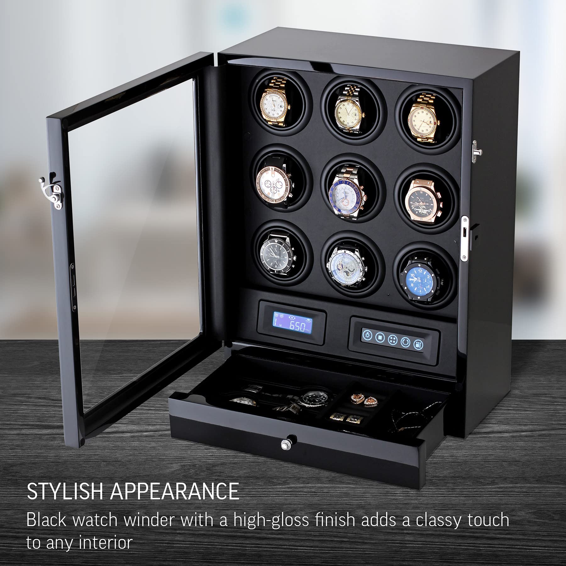 Leader WATCH WINDERS 9 Watch Winder with LED Backlight, Remote Control, LCD Display and 2 Watches Storage Compartment (Black + Black)