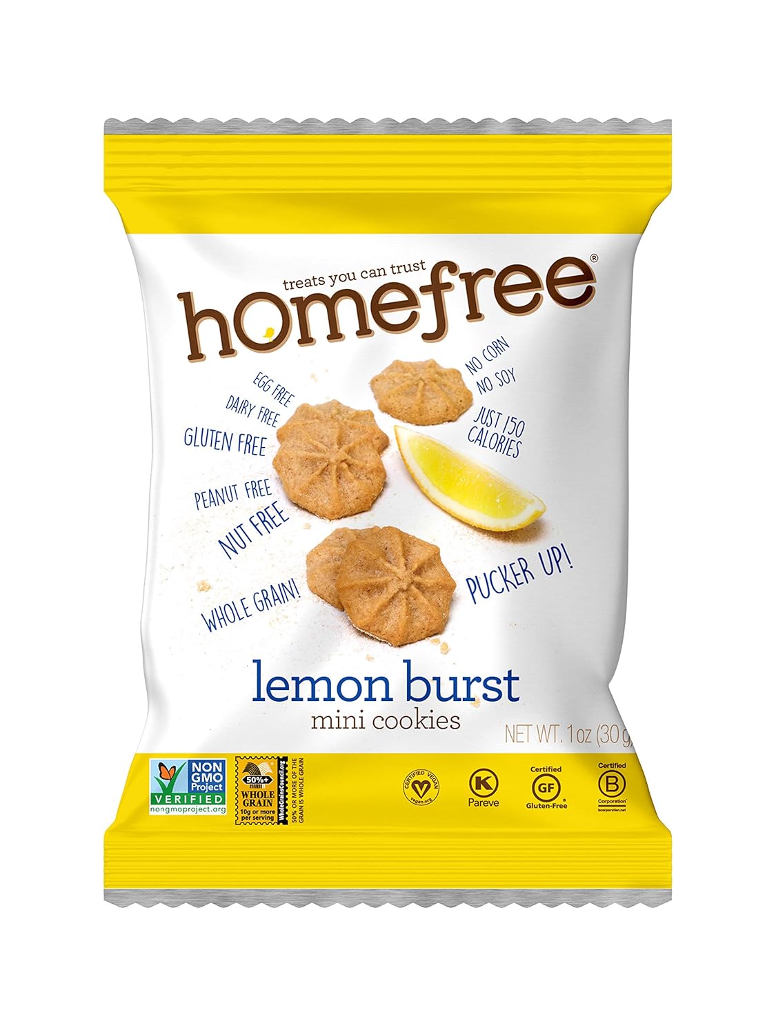 Homefree Treats You Can Trust Gluten Free Mini Cookies, Single Serve, Lemon Burst, 1.0 Ounce (Pack of 10)