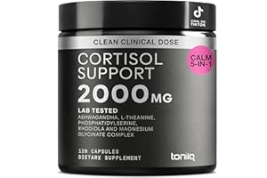 TONIIQ Cortisol Supplement for Women and Men — Calm, Balanced-Strength 5-in-1 Non-Drowsy, Third-Party Tested with Magnesium Glycinate, Ashwagandha, L-Theanine, Phosphatidylserine, Rhodiola — 120 Capsules