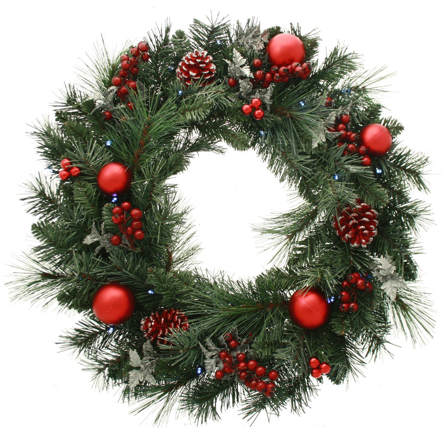 WeRChristmas Pre-Lit, Pre-Decorated Wreath, 20 Ice White LED Lights, 60 cm