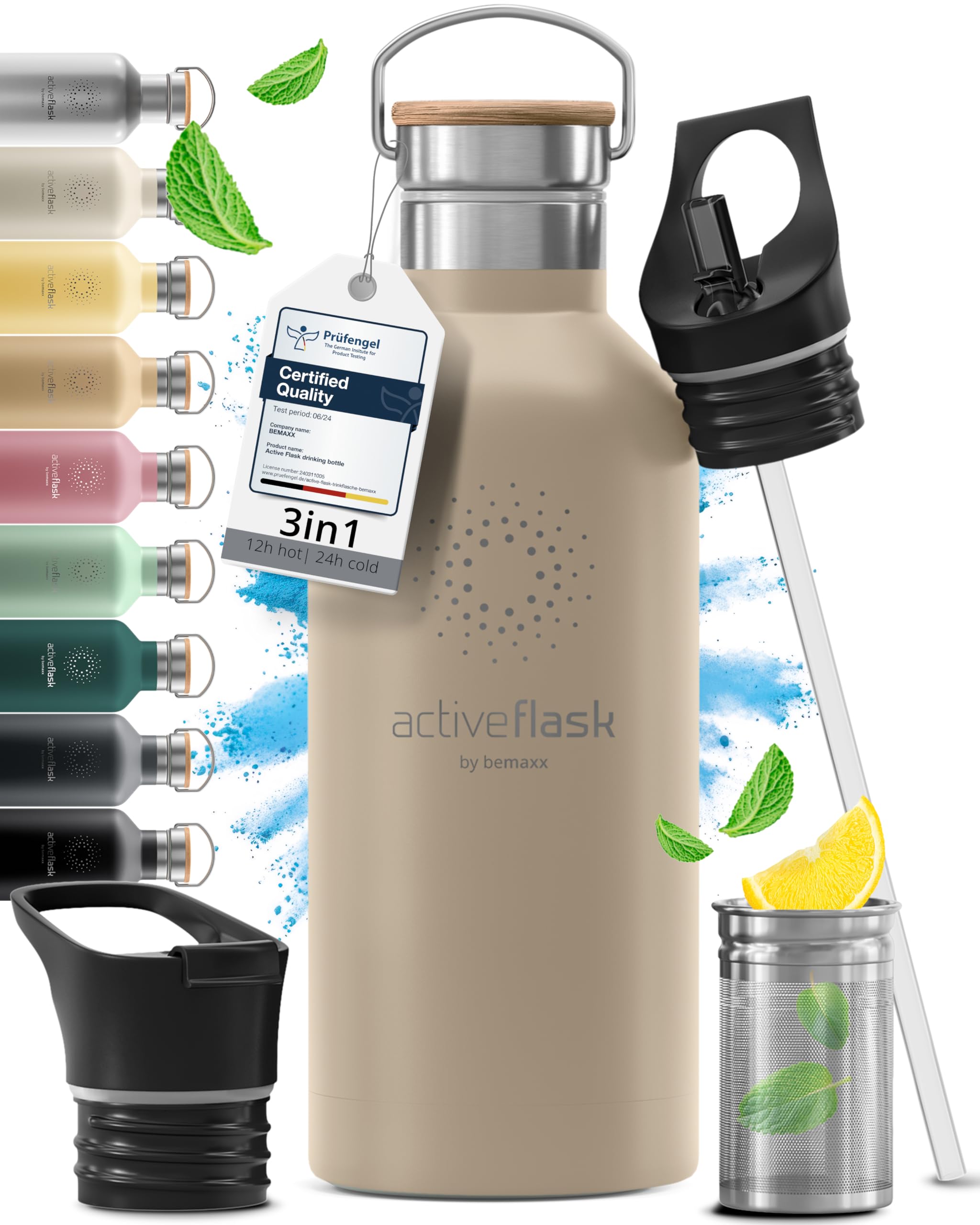 Stainless Steel Water Bottle with Straw, Infuser & 3 Lids: 1 & 0,5L Leak-Proof Vacuum Insulated ACTIVE FLASK Drinking Bottles Hot Cold: Double Walled Outdoor Drink Thermo Mug Tea Coffee Sport Gym Bike