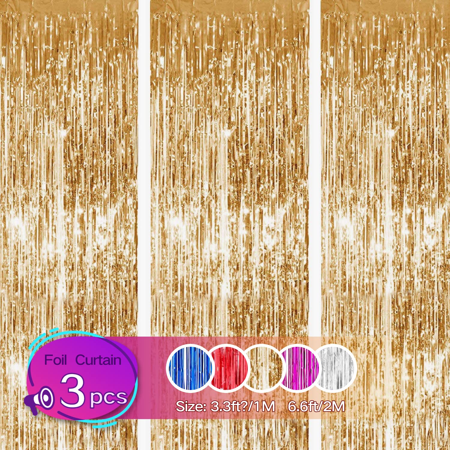Gulaey Foil Fringe Curtains, 3 Packs Metallic Tinsel Curtains, 1m x 2m, Golden, Perfect for Birthday, Wedding, Christmas Parties — image 1