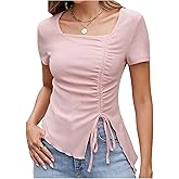 SOLY HUX Women's Square Neck Short Sleeve T Shirts Ruched Tie Front Slim Fit Tee Aesthetic Top