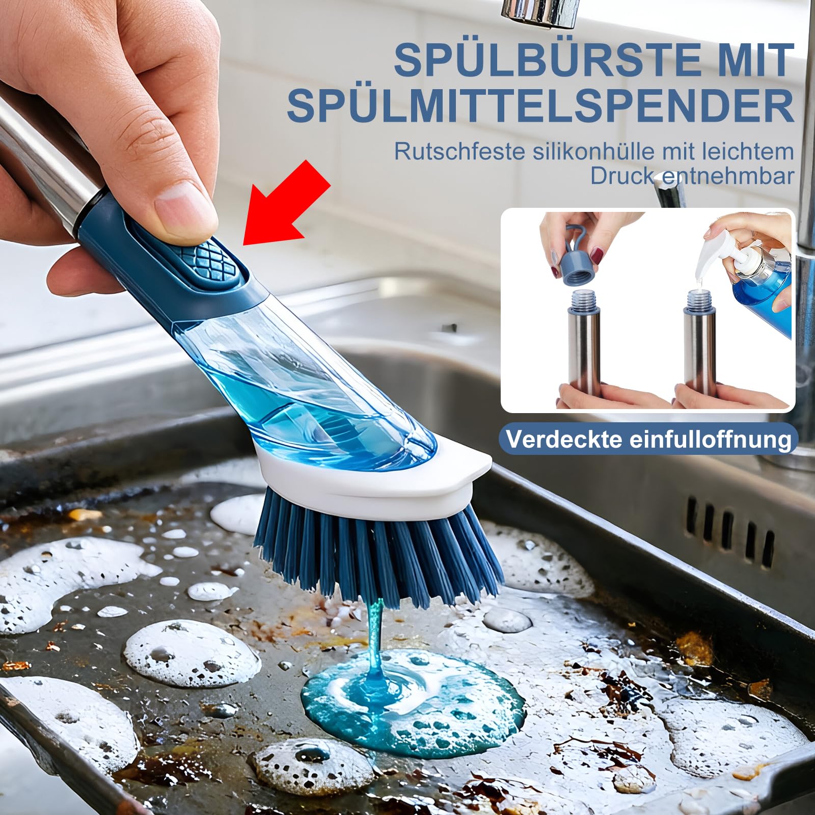 Masthome Spülbürste mit Spülmittelspender, Befüllbare Spülbürste, 4 Verschiedenen Ersatzköpfen, Multifunktional Küchenbürste Reinigungsbürste, Geschirrbürste für Geschirr, Töpfe, Spülen Reinigung 3