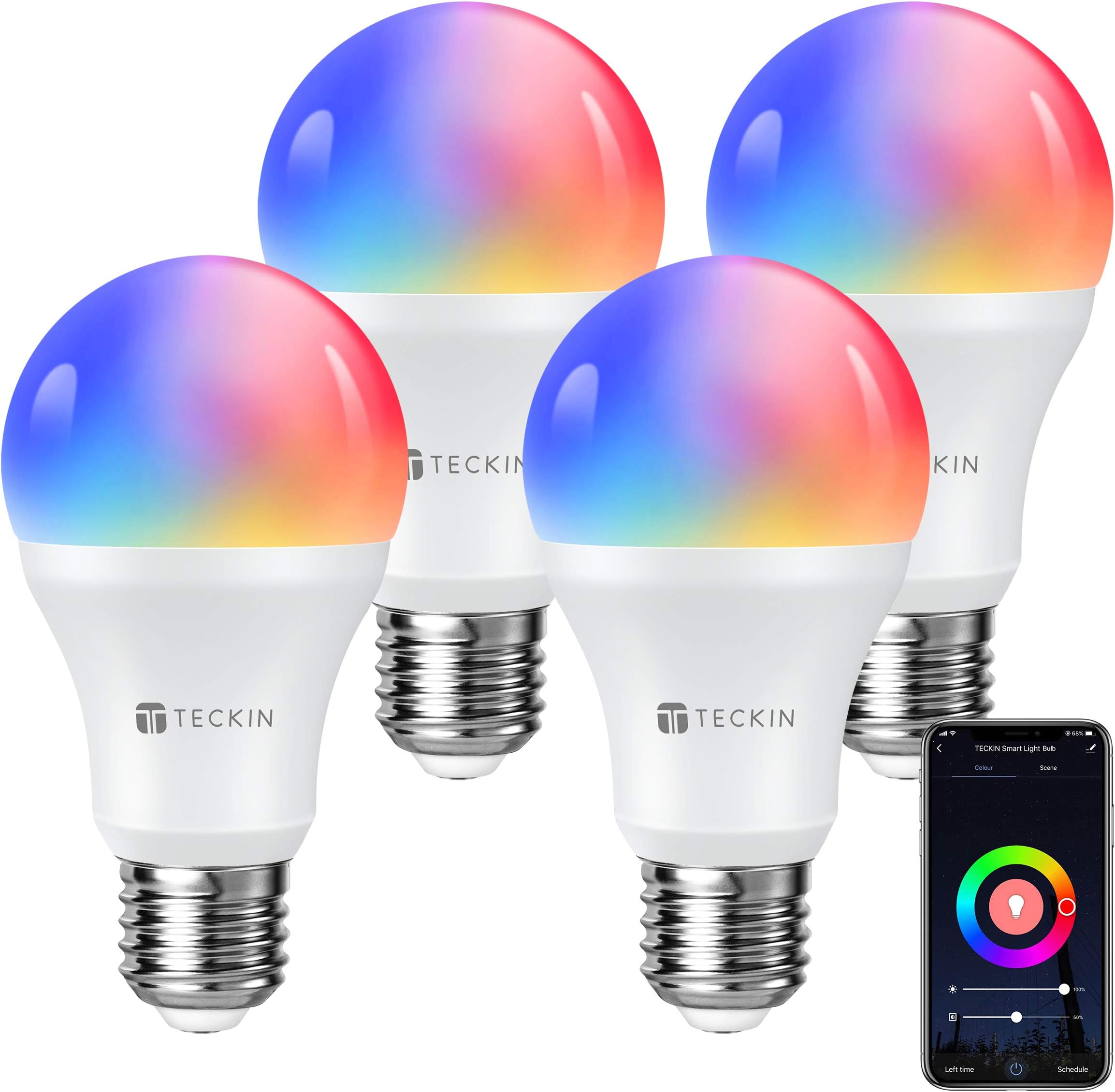 TECKIN Smart Light Bulb, E26 WiFi LED Bulbs Work with Alexa, Google Home (No Hub Required), RGBW 7.5W 16 Million Color Changing Bulbs (75W Equivalent), 800 Lumen, 2700K-6500K, 4 Packs