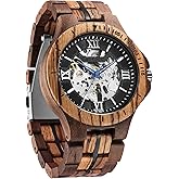 FORSINING Men's Solid Wood Mechanical Skeleton Watch, Vintage Wooden Band with Hollow Dial Wristwatch, Automatic Self-Wind Men Watches