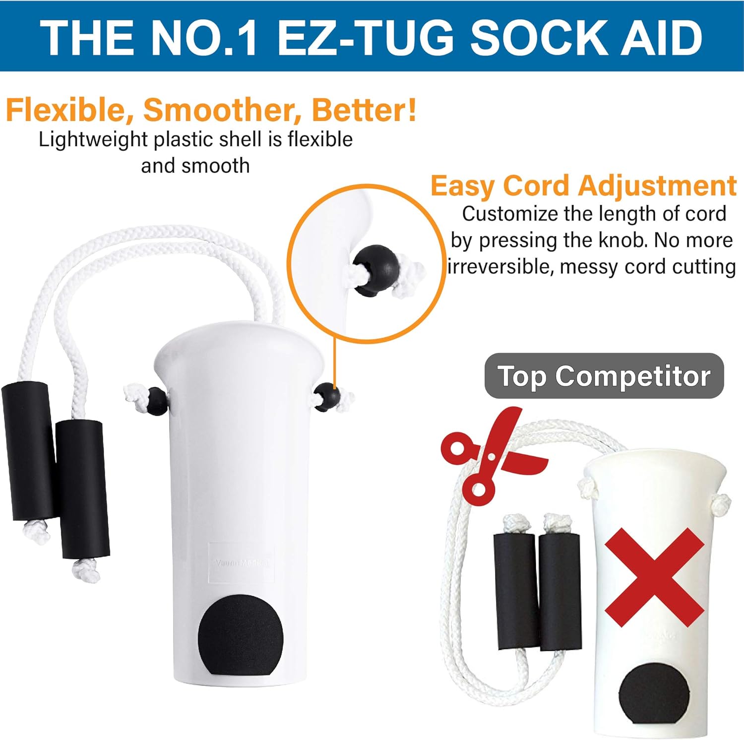 Vaunn Medical EZ-TUG Sock Aid Assist with Foam Grip Handles and Adjustable Cords: Health & Personal Care