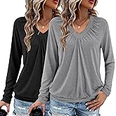 AIZHINENG 2 Pack Women Tops Long Sleeve Shirts V Neck Loose Fit Soft Casual Solid Color T-Shirts Fall Clothing