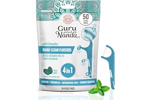 GuruNanda Quad Clean Floss Picks 4-in-1 with Tongue Scraper, Interdental Pik & Toothpick, Non-Shred Dyneema Thread, with Xylitol & Baking Soda, 50ct