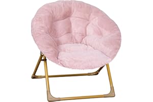 Flash Furniture Gwen Kids Cozy Mini Folding Saucer Chair - Blush Faux Fur Moon Chair - Soft Gold Metal Frame - 23" Portable Folding Chair For Living Room or Bedroom