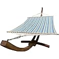 Petra Leisure, 14 Ft. Water Treated Wooden Arc Hammock Stand + Premium Quilted, Double Padded Hammock Bed. 2 Person Bed.450 LB Capacity(Teak Stain/Teal & Yellow Stripe)