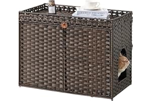 SETVSON Cat Litter Box Enclosure Furniture, Hidden Litter Box, Cat Litter Box Cabinet with Cat Litter Mat, Handwoven Rattan Large Space Cat House, Indoor for Living Room, Bedroom, Apartment Brown