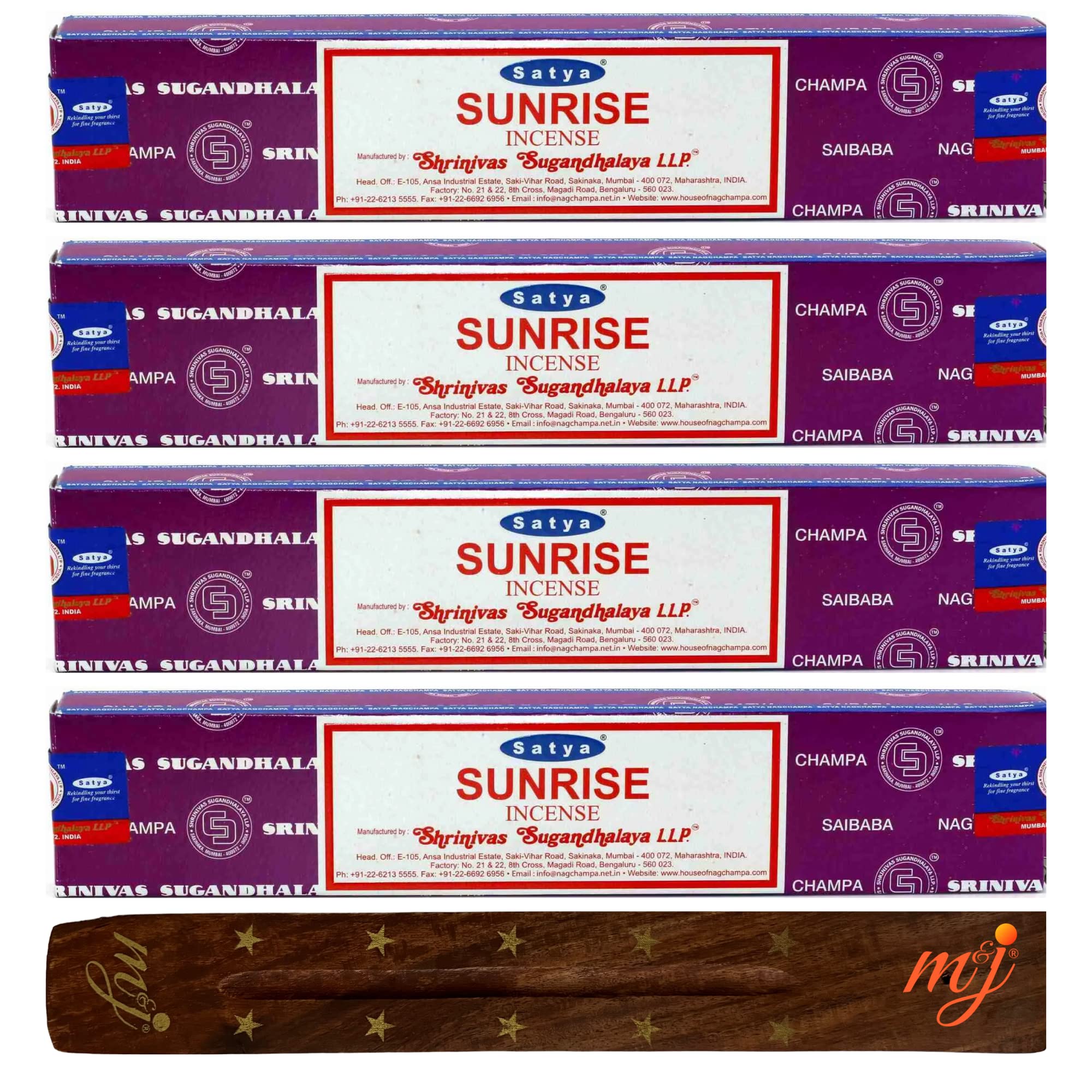 Original Satya Nag Champa Sunrise Incense Sticks | with M&J incense sticks holder | x4 pack | for Aromatherapy, Spa, Yoga, Weddings, Meditation, Healing, Positivity and Relaxation — image 1