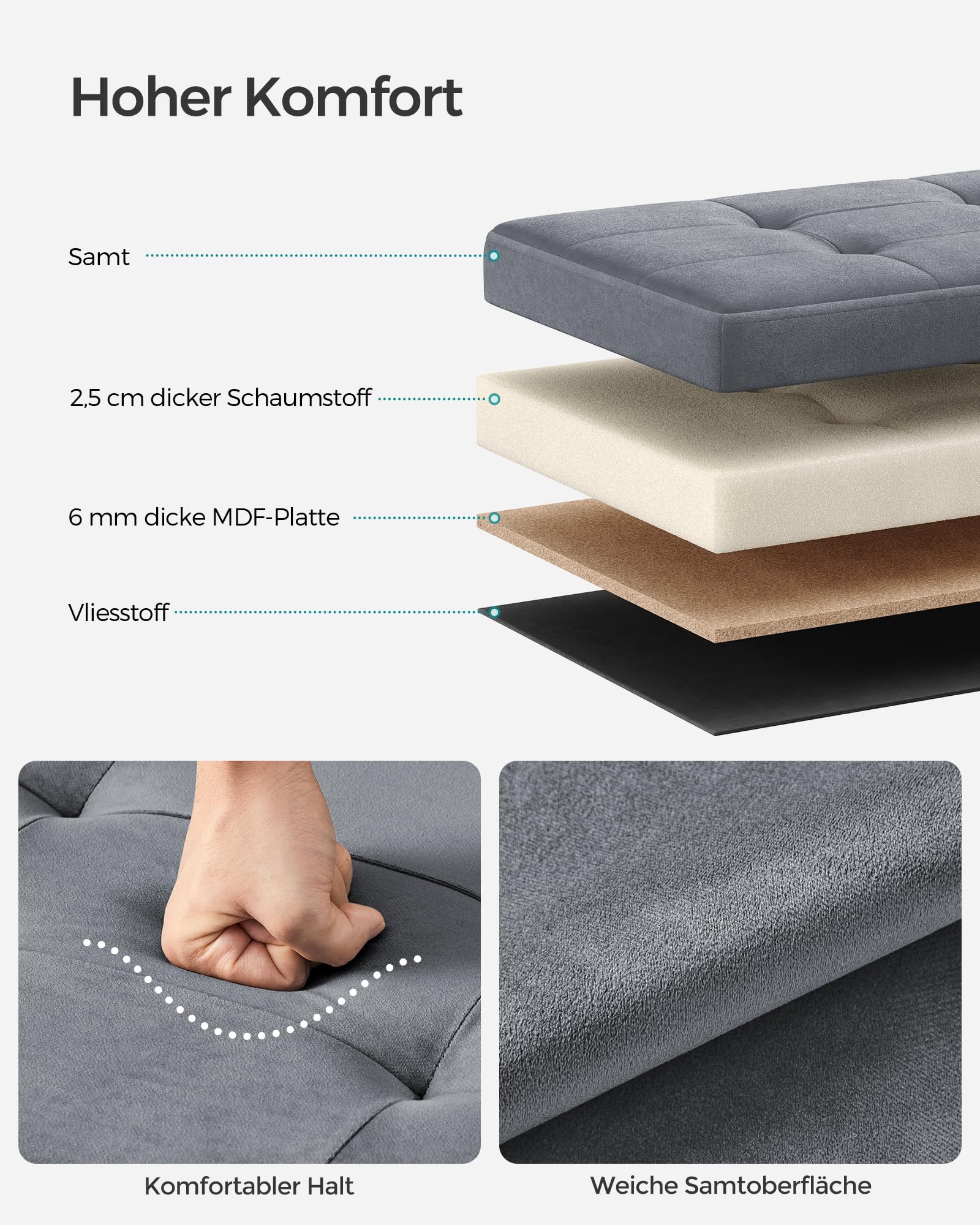 SONGMICS Sitzhocker mit Stauraum, klappbare Sitzbank, 38 x 38 x 38 cm Fußbank, Aufbewahrungsbox, bis 300 kg belastbar, für Wohnzimmer Schlafzimmer Flur, schiefergrau LSF227G01 3