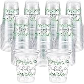 Jingmore 100 Pcs Sage Eucalyptus Baby Shower Plastic Cups 12oz Sage Greenery Disposable Clear Plastic Drinking Cups Bulk for Wedding Bridal Baby Shower Birthday Party Decorations Supplies