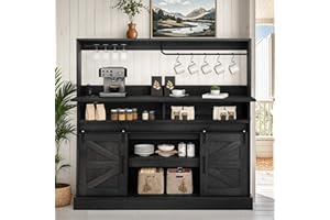 YITAHOME 52" Farmhouse Coffee Bar Cabinet with Storage, Buffet Cabinet with Goblet Holder, 5 Hooks, Power Outlets, Sideboard Cabinet with Sliding Barn Doors for Kitchen & Living Room (Black Oak)
