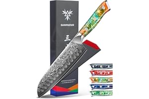 SANMUZUO Santoku Knife - 7 inch - Xuan Series - VG10 Damascus Steel Kitchen Knife - Resin Handle (Fantasy Orange)
