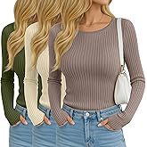 Oakgarden 3 Pack Women's Ribbed Long Sleeve Tops Crew Neck Slim Fit Cotton Shirt Basic Casual Tee with Thumb Hole